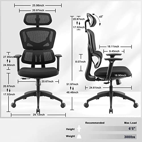 Ergonomic Mesh Office Chair Big And Tall, Oversized Adjustable Headrest And 3D Armrests Executive High Back Desk Chair, Multifunctional Swivel Computer Task Chair With Lumbar Support, Dark Black #TOP2