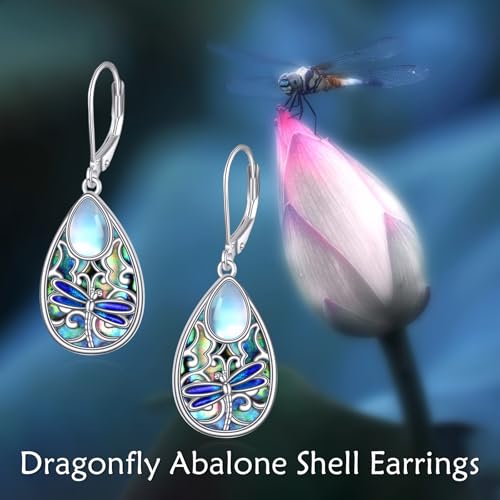 Dragonfly Earrings for Women 925 Sterling Silver Teardrop Leverback Moonstone Earrings Abalone Dangle Earrings Dragonfly Jewelry2