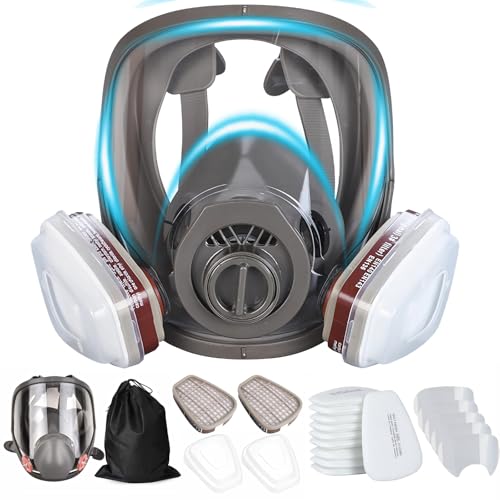 Wiederverwendbare Vollgesichtsmaske Atemschutzmaske, Staubmaske mit Filter, 10 Filterbaumwolle,5 Schützen Membran ,für Malerei schützt, Gas, Farbe, Staub, Chemikalien und anderem Arbeitsschutz