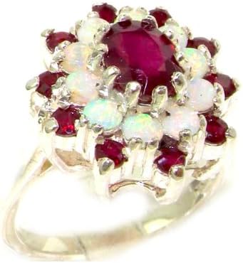 925 Sterling Silver Real Genuine Ruby and Opal Womens Band Ring