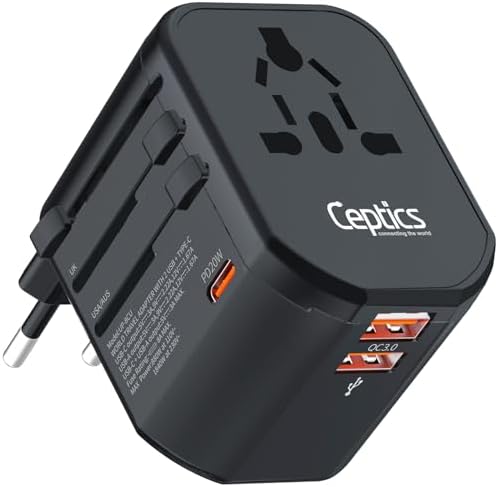 Ceptics 4 in 1 Universal Charger Adapter, 2 USB QC 3.0, 20W USB-C Universal Travel Adapter All in One Fast Charging, International Travel Adapter Lifetime Limited Warranty, for EU, UK, USA/AUS, Black