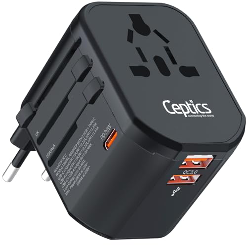 Image of Ceptics 4 in 1 Universal Charger Adapter, 2 USB QC 3.0, 20W USB-C Universal Travel Adapter All in One Fast Charging, International Travel Adapter Lifetime Limited Warranty, for EU, UK, USA /AUS, Black