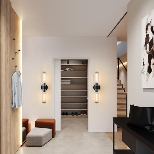 Image of Bathroom Vanity Light Fixtures, Black Wall Sconces in Threaded Glass, Modern Wall Light for Bathroom Living Room Bedroom, Hallway - Bulb Not Included