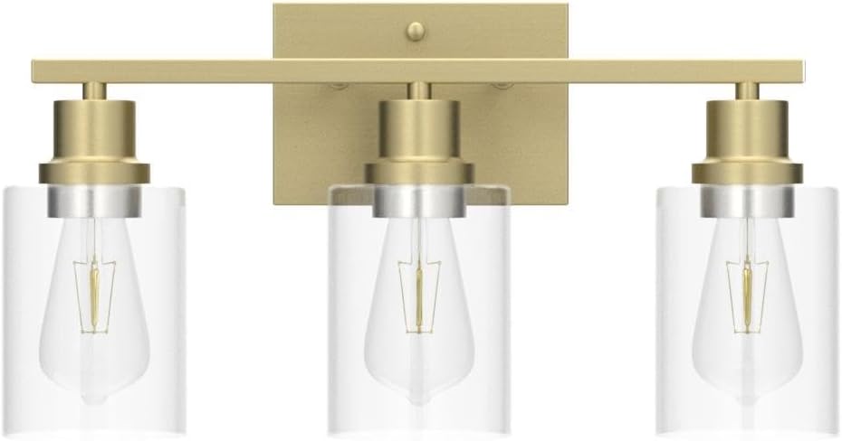 EMONG Gold Bathroom Light Fixtures, 3-Lights Vanity Light with Clear Glass Shade, Brushed Brass Wall Sconce for Hallway, Farmhouse, Living Room