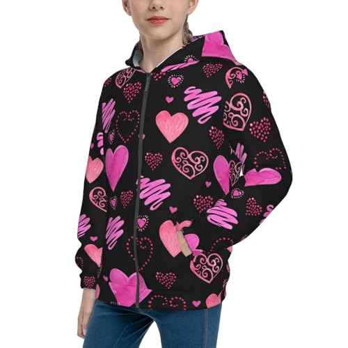 Red Watercolor Hearts Kids Pullover Hoodies Boys Zip Up Sweatshirts Girls Athletic Clothes with Pocket