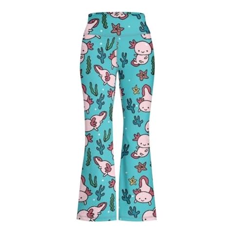 Ystardream Kids Flare Pants Blue Axolotl Flared Leggings for Girls Tummy Control Bell Bottom Leggings for Girls Wide Leg Pants Casual Bootleg Legging Cover