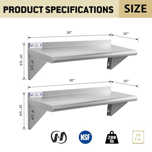 Image of Hally Stainless Steel Shelf Wall Mounted Metal Shelf Wall Shelf 10 x 30 NSF Heavy Duty 280 lb Capacity, Commercial Wall Mounted Storage Rack for Kitchen, Garage, Laundry Room 2 Pack