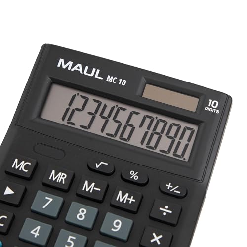 MAUL Taschenrechner MC10 | großes, angewinkeltes Display | 10 Stellen | Profi-Tischrechner für Büro, Zuhause, Schule | Solarbetrieben | inklusive Batterie | 13,7 x 10,3 cm | Schwarz