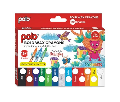 polo Bold Wax Crayons Set | 12+1 Glitter Shades, Extra Smooth, Non-Toxic, Durable & Easy Grip Crayons for Kids and Adults