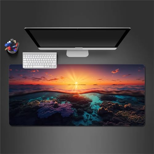Tapis de Souris Gamer, Tapis de Souris Coucher Soleil sur l'océan,avec Base en antidérapant Extended XXL Long Clavier Pad de Table - Améliore la précision et la Vitesse Tapis de Souris - 700x300x3mm