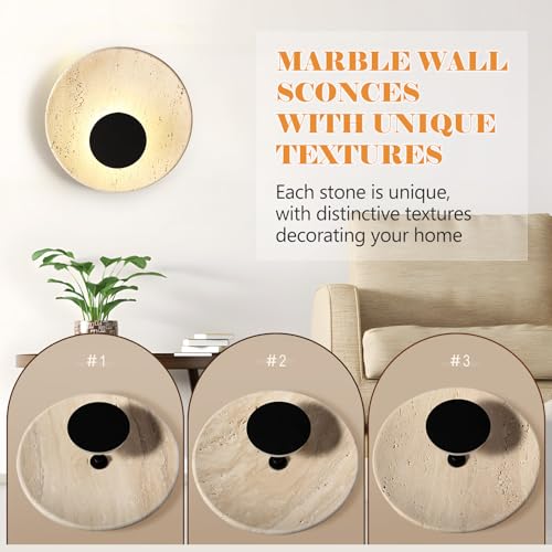 Image of Round Wall Sconce, Natural Marble Hardwired Circular Sconce Modern Sconces Wall Lighting Vanity Light Fixtures for Bedroom, Stairs, Living Room, Bedside(Roman Travertine)