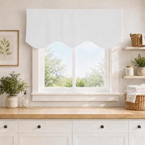 Aquazolax Valance Curtain for Bedroom Windows, Scalloped Window Treatments Valance Short Rod Pocket Valence Curtain for Kitchen Bathroom, 52" W x 18" L, Greyish White, 1 Panel