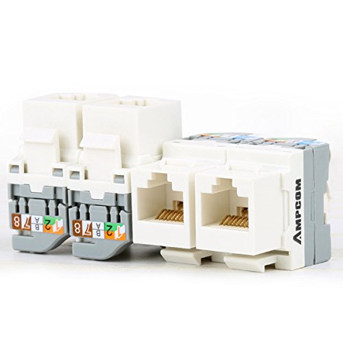 AMPCOM 10-Pack CAT5e RJ45 Tool-Less Keystone Jack, No Punch Down Tool Required UTP Module Connector White