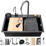 Black Stainless Steel Nano Undermount/Drop in Waterfall Single Bowl Kitchen Sink With Pull-Out Faucet,Knob Control Workstation Sink Cup Washer,Drainage Basket & Accessories (29.5 * 17.7 * 8.3in)