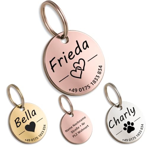 Hundemarke mit Gravur - Personalisiert - Edelstahl - ⌀30mm - Roségold - Namensschild für Halsband - Dog Tag - Anhänger Marke für Hunde - mit Symbolauswahl - Tiermarke für Hunde, Katzen, Welpen, Pferde
