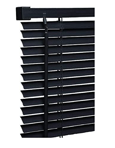 Black Colour - PVC Plain window Venetian Blinds - 25mm Slats - 45cm x 150cm Size - Included Open/Close Wand Control Mechanism