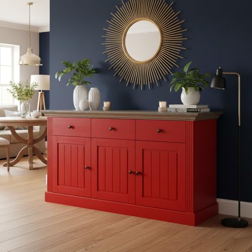 Image of APRODZ Solid Wood Alegre Sideboard Storage Cabinet for Living Room | Deep Red