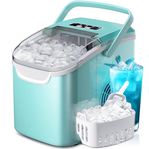 Portable Ice Maker Machine with Handle, 26lbs/24Hrs, 6Mins/9 Ice Cubes, Self-Cleaning with Basket/Scoop, Countertop Ice Makers for Home/Kitchen/Office(Green)