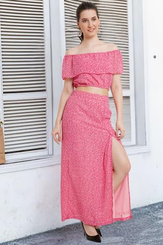 Image of POPWINGS Casual Bagru Printed Cotton Top and Skirt Set for Women || Pom Pom Top and Long Slit Skirt Set for Women || Two Piece Women Set for Summer