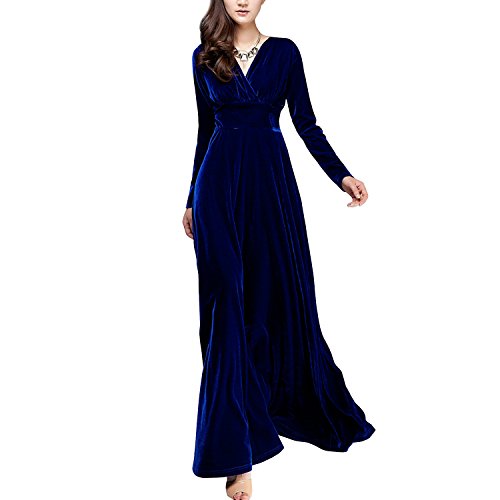 Inshine Women Long V-Neck Velvet Stretchy Cocktail Formal Evening Maxi Dresses Blue-M