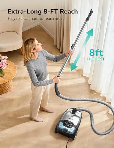 Image of Aspiron Canister Vacuum Cleaner,1700W 45KPA Bagged Canister Vacuum,6QT Large Capacity,HEPA Filter,Auto Cord Rewind,Low Noise,Variable Power Control,8M Cleaning Radius for Hard Floor,Pet Hair,Carpet