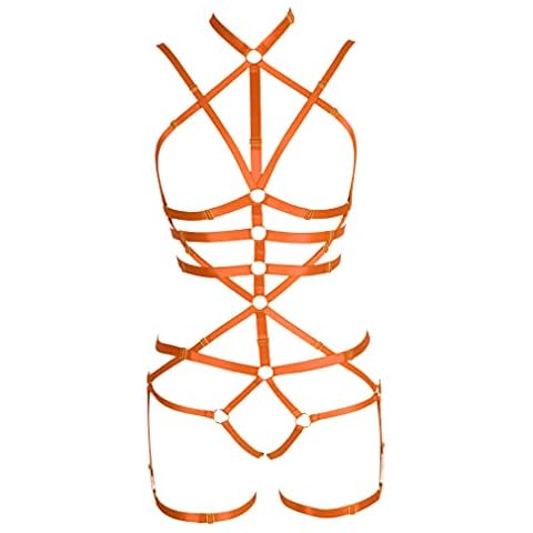 Women's Punk Cut Lace Up Full Cage Body Suspender Lingerie Garter Set Gothic rave outfits, Orange, One Size Cover