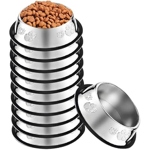 Olutacot 10 Pcs Stainless Steel Dog Bowl Pet Feeding Bowl with Rubber Base Non-Slip Pet Dishes Metal Dog Bowls Pet Food and Water Bowls for Small Medium Animals Kitten Rabbit (7 oz) Cover