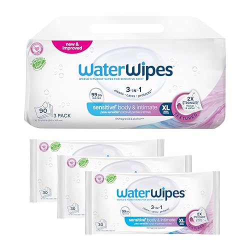 WaterWipes Sensitive+ Body & Intimate Wipes, 3-In-1 Cleans, Cares, Protects, 99.9% Water, Unscented & Hypoallergenic Hygiene Wet Wipes, Adult Care, 90 Wipes (3 Packs)