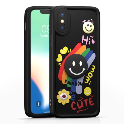Image of Pikkme Back Cover for iPhone X /Xs | Soft Silicone| Cute Rainbow Smile & 3D Cartoon Flower Design | Shockproof Raised Camera Protection Bumper Case (Black)