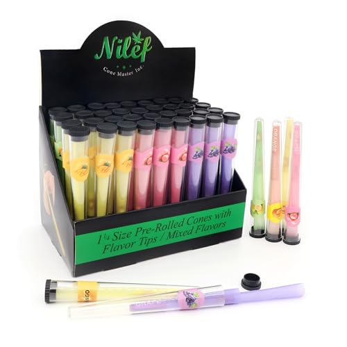 NILEF Flavored Pre-Rolled Colored Cone Gift Set | 72 Cones in 36 Sealed Clear Tubes | Assortment of 6 Flavors with 12 Cones per Flavor | 1 1/4 Size, 84mm | Filter Tips with Bursting Flavor Beads