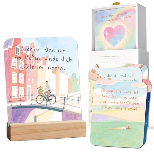 BIROYAL 46 Affirmationskarten für Erwachsene - Achtsamkeitskarten mit Holzständer & Pappschachtel- Motivationskarten mit Sprüchen - Positive Affirmationen Karten - Achtsamkeit Geschenk für Frauen