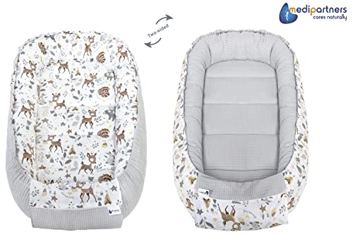Dwustronny Kokon dla niemowląt 100% Bawełna Wafel 100x60x15cm Antyalergiczne wypełnienie Medi Partners (Jelonki z szarym Waflem)