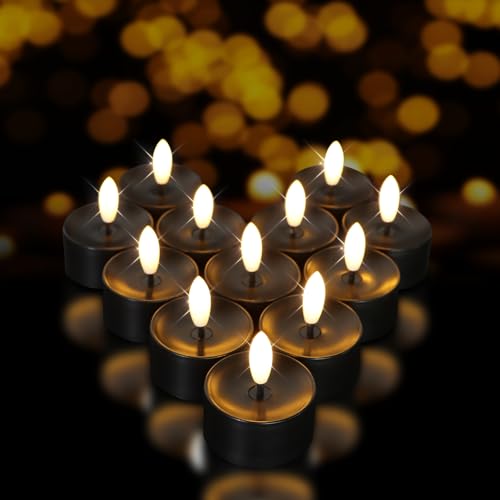 Image of 12 Pack Black Flameless Tealight Candles Battery Operated Tea Lights, Realistic Flickering Fake LED Tealights Candles, 3D Wick LED Tea Lights for Wedding, Festival, Party, Home Decor