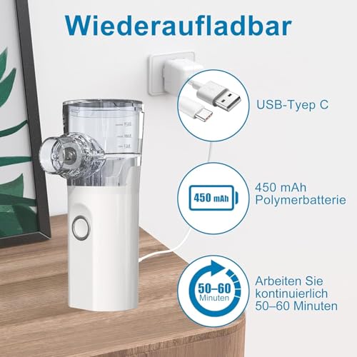 Inhalationsgerät für Erwachsene und Kinder, USB-C Inhaliergeräte Wiederaufladbarer Inhalator mit Tragbarem Design, Einfach zu Bedienen und zu Reinigen, Effiziente Zerstäubung für Heim, Reisegebrauch