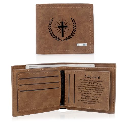 Aelciyue Birthday Gifts for Sons Adult - Graduation Fathers Day Long Distance Christmas Valentines Day Gifts for Son from Mom Dad Graduation Gift Christian Keepsake Personalized Leather Wallet for Men