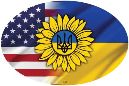 SJT ENTERPRISES, INC. Ukraine and American Flags with Sunflower and Ukrainian Symbol Oval Car Magnet (12743)