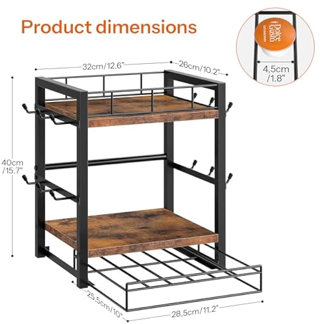 HOOBRO Coffee Mug Cup Holder,Tree Bar Station Organizer for Countertop,12 Hooks Mug Stand Rack with Sliding Drawer for 30 K-Cup Pods, 2 Tier Mug Display Stand, Rustic Brown and Black BF11TL01