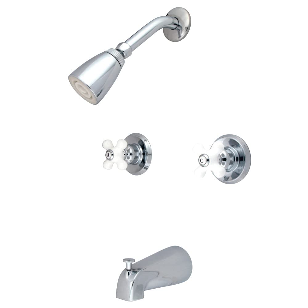 Kingston Brass KB241PX Magellan Tub and Shower Faucet Porcelain Cross Handle, Polished Chrome,5-Inch Spout Reach