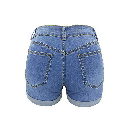 Blostirno Women's Mid Rise Waisted Denim Shorts Cuffed Hem Ripped Jean Short Elastic Pants with Pockets (Light Blue6010 M)