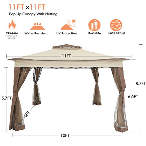 Aoxun 11’ X 11’ Pop Up Canopy Tent, Straight Leg Outdoor Gazebo With Mosquito Netting, Patio Gazebo Shelter With 121 Square Feet Of Shade, Beige #TOP1