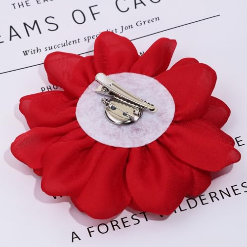Image of Fabric Rose Flower Brooch Pin 4 Inch Large Handmade Satin Floral Lapel Pin for Women Girls Wedding Party Dance Dress Clothes Decoration