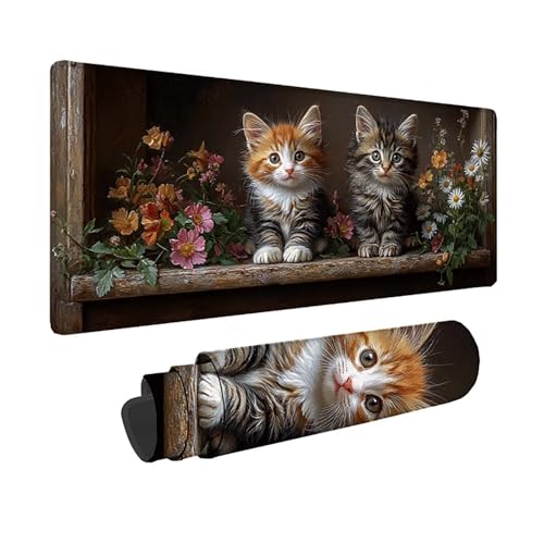 Tapis de souris XXL noir 800x400mm avec motif chat mignon pour bureau