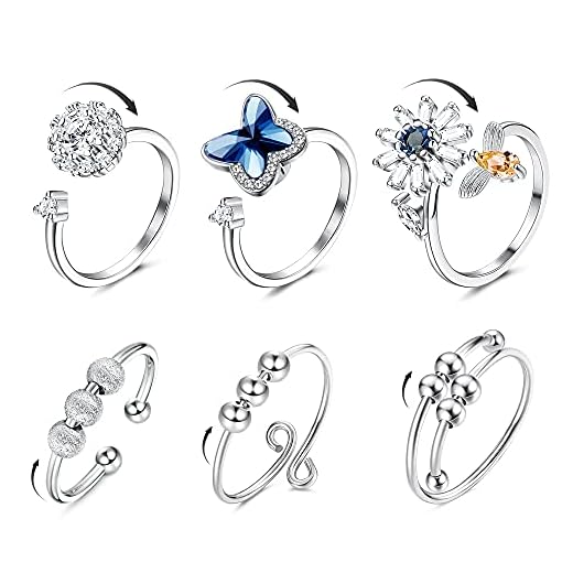 JeweBella 3/6 Pcs Anillos Mujer Acero Inoxidable Cubic Zirconia Ajustables Spinner Anillos Giratorio Calmante Anillo de Meditación Flores y Mariposas Juego de Anillos Apilables Antiestres