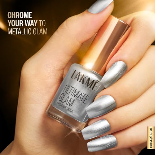Image of LAKME Ultimate Glam Chrome Nail Paint, Silver, 6ml, for Stylish and Sassy Nails, with Metallic Brilliance, Quick Dry Formula, Glitter Nail Paint, for Women