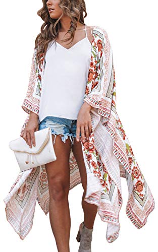 Hibluco Women's Long Floral Kimono Printed Cardigan Sheer Swimsuit Cover Ups #TOP7