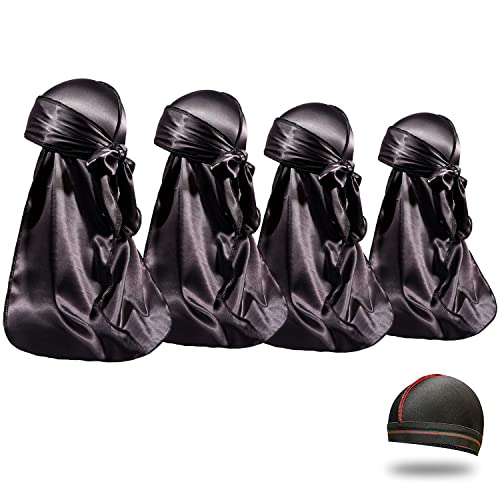 4PCS Silky Durags for Men Women 360 Waves with 1 Wave Cap, Silky Satin Durag Extra Long Tails