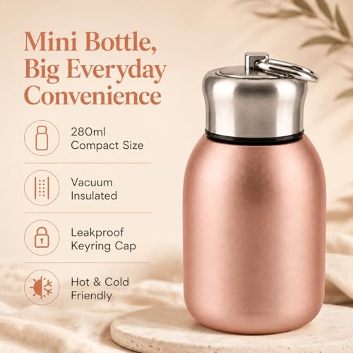 Image of Mini Stainless Steel Vacuum Insulated Water Bottle, 280ml, Black, Leakproof, Hot and Cold, with Keyring Cap (Gold)