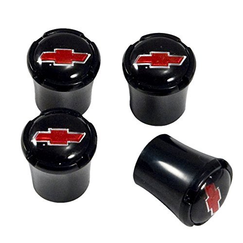 Chevy Bowtie All Black Air Valve Stem Caps with Red Logo - Set of 4