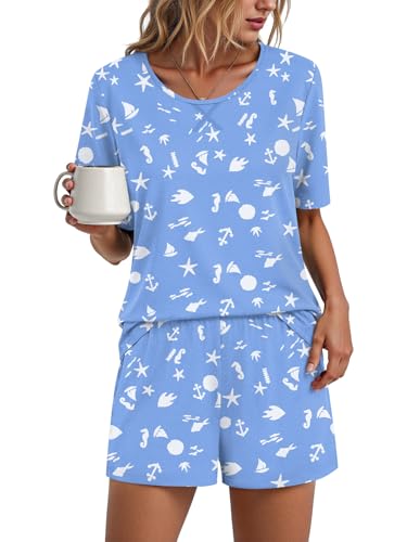 Image of Findsweet Pajama Set for Women 2 Piece Lounge Set Soft Sleepwear Summer Casual Short Pjs Sets with Pockets M-3XL