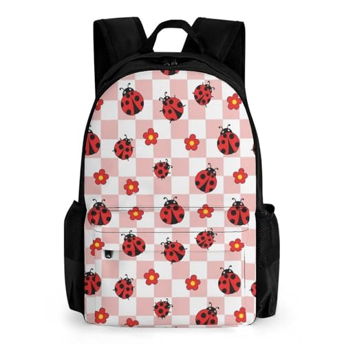 Lightweight Packable Rucksack for Travel & Emergency Kit, Durable Water-Resistant Foldable Backpack for Men & Women, Compact Storage, Cute Pink Plaid Red Ladybug Bookbag